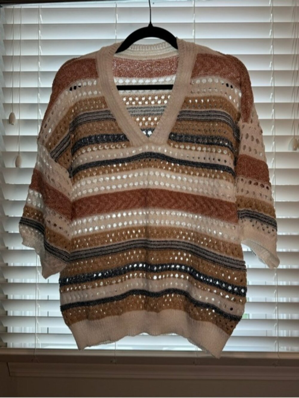 SHEIN Open-Knit V-Neck Striped Sweater in Cream, Tan & Brown